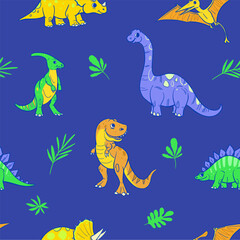 Obraz premium Cartoon dinosaurs set, vector illustrations, seamless pattern