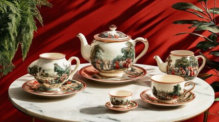 Fototapeta premium Elegant tea set with scenic design on a marble table.
