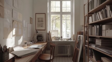 Fototapeta premium Sunlit Artists Workspace With Drawings And Books