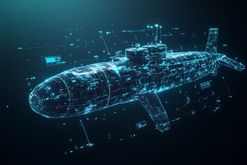 A glowing wireframe rendering of a bathyscaphe or submarine on a translucent background, featuring intricate futuristic details and highlighted by blue and black data points.

