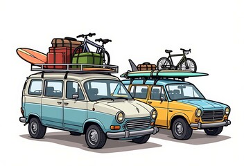 Clip art featuring cars loaded with luggage, surfboards and bicycle. 