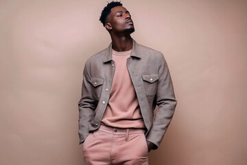 Fototapeta premium Stylish man in a pink mocha-colored casual jacket and pants posing against a neutral beige backdrop.