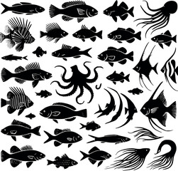 Naklejka premium Side View Silhouettes of Different Fish Species