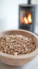 Wood pellets in a bowl with a cozy burning stove creating warm ambiance in a serene indoor setting