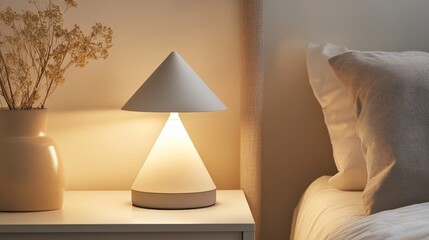 Modern lamp on nightstand in cozy bedroom with soft lighting and dried flowers.