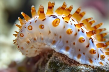 A close-up view of a sea slug on a rock, showcasing its texture and pattern