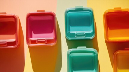 Fototapeta premium A collection of vibrant plastic containers arranged neatly on a table, great for office or home use