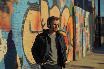 Fototapeta premium Confident man walking on vibrant urban street with graffiti background