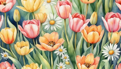 Obraz premium Bright watercolor flowers bloom in vivid colors, capturing the essence of spring's beauty in a lively garden setting filled with tulips and daisies