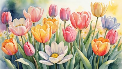 Obraz premium Colorful spring flowers bloom in a vibrant watercolor illustration showcasing the beauty of the season with delicate petals and lush greenery