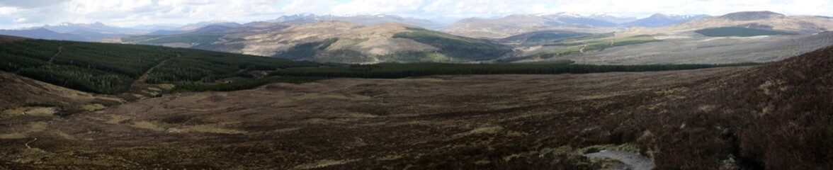 Obraz premium Panoramic view - Ascent to Ben Wyvis along the Allt a' Bhealaich Mhoir stream - Ross and Cromarty - Scotland - UK