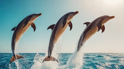Fototapeta premium Three dolphins jumping out of water in a row.
