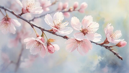 Obraz premium Delicate watercolor painting capturing the essence of spring with blooming cherry blossoms gently swaying in a soft breeze