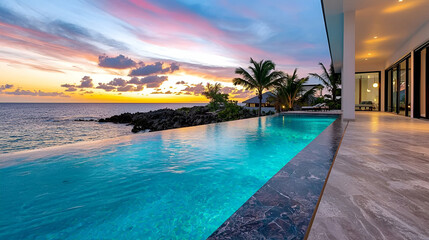 Fototapeta premium A stunning beachfront villa features an infinity pool and vibrant sunset views over the ocean, surrounded by palm trees.