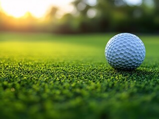 Obraz premium A golf ball rests on green grass as the sun sets, creating a peaceful scene