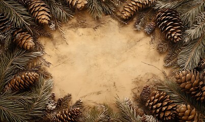 Naklejka premium Festive Winter Cones and Branches Frame Background