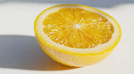 A close-up of a sliced lemon with bright yellow pulp, the tangy texture and juicy interior visible, placed on a clean white surface with soft light highlighting the details.