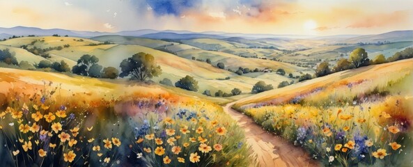 Delicate watercolor illustration capturing the vibrant essence of spring flowers blooming in an idyllic countryside landscape just before sunset