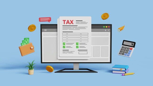 Income tax, tax return, tax calculation, tax documents and financial management concept. Online tax form on a 3D computer. 4K 3D animation