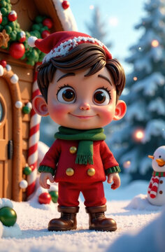 Cute young boy in festive Christmas elf outfit standing outdoors with decorated house and snow, rendered in a glossy cartoon style. Perfect for holiday ads, greeting cards, and seasonal campaigns.