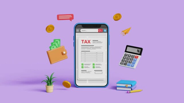 Tax deduction form, income tax, accounting and financial management, VAT and property taxes concept. Online tax documents on a 3D smartphone. 4K 3D animation