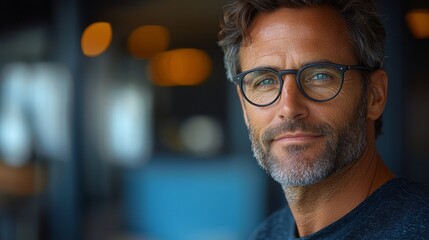 Obraz premium A solemn, gray-haired man wearing glasses gazes pensively at the camera in an office adorned with vibrant sticky notes.