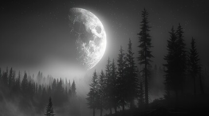 Monochrome night scene of a large moon over a foggy forest.