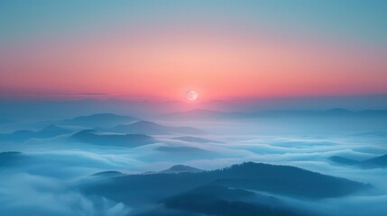 Fototapeta premium Serene sunrise over misty mountains with full moon.