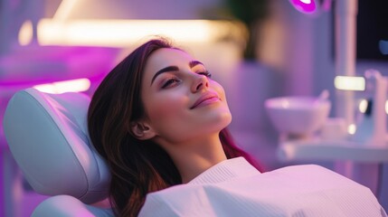 In a contemporary dental clinic, a patient relaxes in a chair with gentle lighting. The environment is calming, emphasizing comfort during dental procedures.