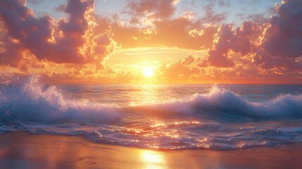 Fototapeta premium Ocean waves crash on sandy beach during sunset.
