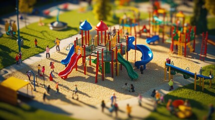 Miniature park with colorful playground and people enjoying a sunny day. 