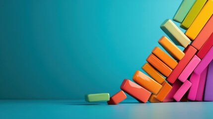 A dynamic arrangement of colorful blocks appears to topple like a series of dominoes, representing balance, cause and effect, and spontaneous energy in art.
