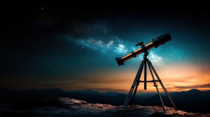 A telescope stands majestically against a backdrop of stars and the Milky Way, symbolizing exploration, wonder, and the endless possibilities of the universe.