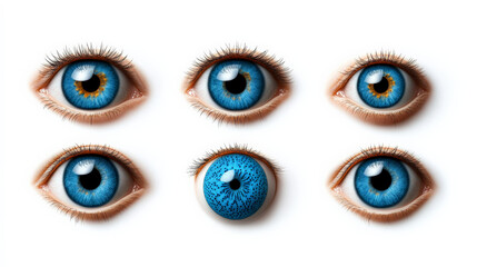 Blue Eyes Collection: A set of six high-resolution photographs showcasing various shades and expressions of blue eyes, ideal for medical, ophthalmological, or artistic projects.