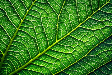 Obraz premium A close-up view of a vibrant green leaf showcasing intricate vein patterns and textures, highlighting nature's beauty and complexity.