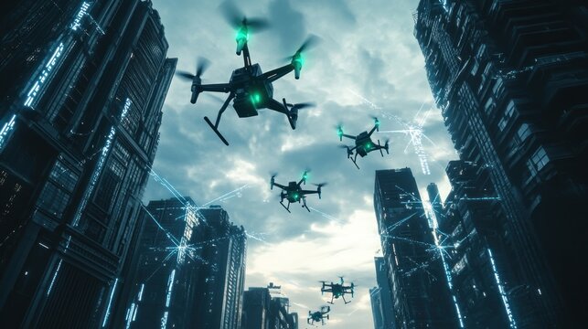 Futuristic drones flying over a modern city, with digital network lines connecting buildings. 