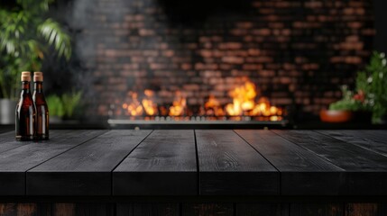 Outdoor bbq grill with flames and wooden table in rustic setting