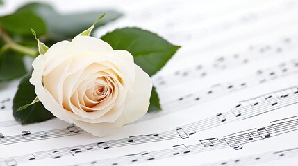 Elegant white rose rests softly on musical notes, embodying romance and melody in delicate pastel tones