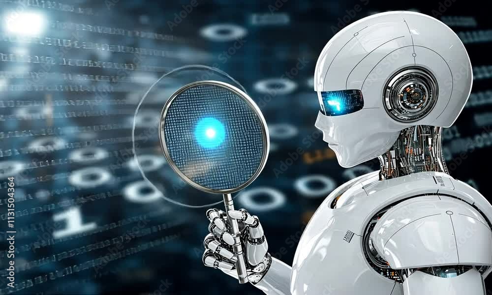 Poster a humanoid robot is examining digital data through a magnifying glass in a modern technology setting