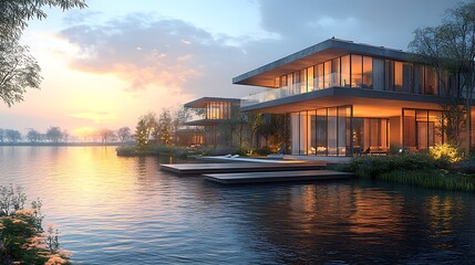 Obraz premium Stunning Waterfront Houses Highlighted With Modern Design And Radiant Sunset photo