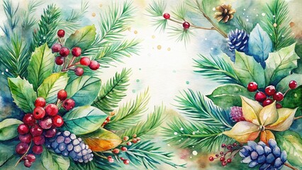 Obraz premium Elegant watercolor spruce branch border clipart, perfect for winter weddings and festive decor, brings a touch of nature's beauty to your holiday celebrations.