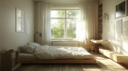 Fototapeta premium Sunlit Minimalist Bedroom With Wooden Platform Bed