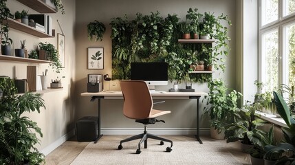 Fototapeta premium Serene Home Office with Abundant Greenery and Modern Desk