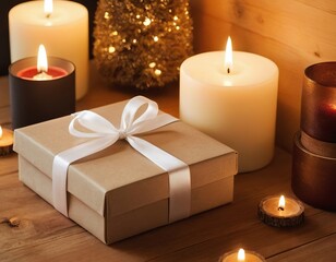 A beautifully wrapped gift next to glowing candles and a decorative tree.