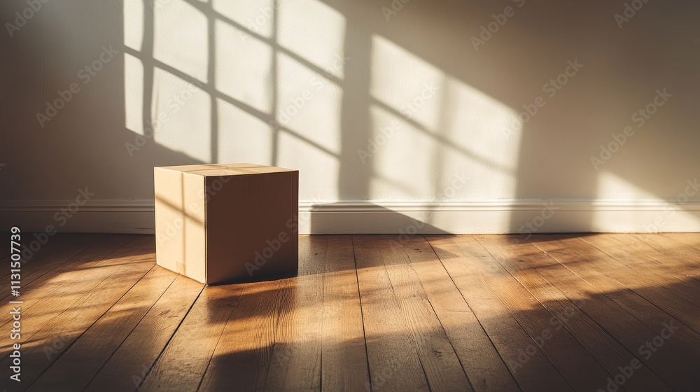 Poster A single cardboard box sits on a wooden floor, illuminated by soft sunlight casting shadows from a nearby window