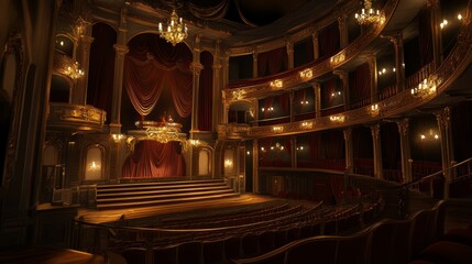 Obraz premium Ornate theater interior, dark, gold accents, empty seats.
