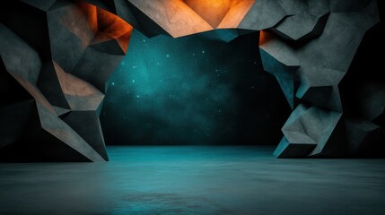 A mystical cave entrance illuminated by orange lights opens to a night sky filled with stars, creating a captivating and surreal blend of nature and fantasy elements.