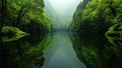 A serene lake perfectly mirrors the dense, lush greenery of the surrounding forest, creating a harmonious balance between nature and reflection in vibrant tranquility.