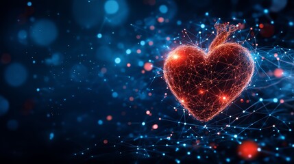 Obraz premium A minimalistic illustration of a glowing human heart icon, surrounded by a network of glowing particles and connections against a dark blue background