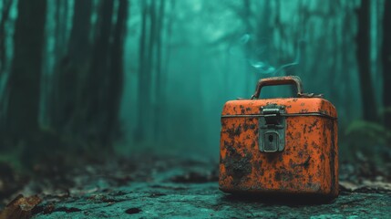 An old, rusty orange box with a lock sits on the forest ground, enveloped in a mysterious fog that adds an aura of secrecy and intrigue to the scene.